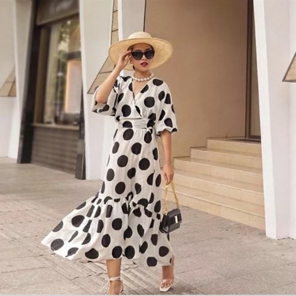 H&M Polka Dot Wrap White Black Midi Dress Size XS - Picture 12 of 12